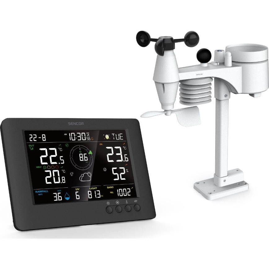 Sencor - Επαγγελματικός μετεωρολογικός σταθμός με έγχρωμη οθόνη LCD και ξυπνητήρι, 5V/1xCR2032 + 3xAA