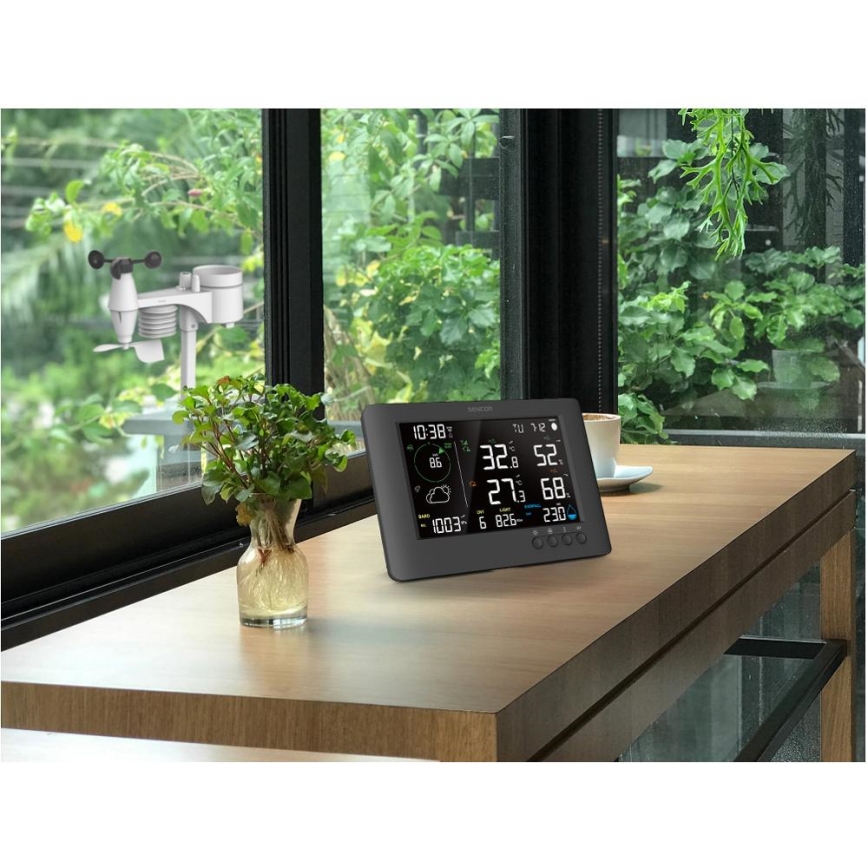 Sencor - Επαγγελματικός μετεωρολογικός σταθμός με έγχρωμη οθόνη LCD και ενσωματωμένο ξυπνητήρι 5V/1xCR2032 + 3xAA Wi-Fi