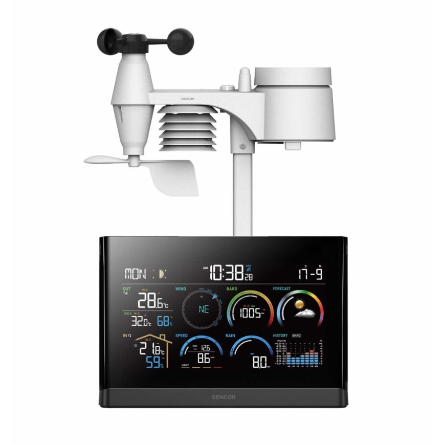 Sencor - Επαγγελματικός μετεωρολογικός σταθμός με έγχρωμη οθόνη LCD και ξυπνητήρι 5V/3xAAA + 3xAA