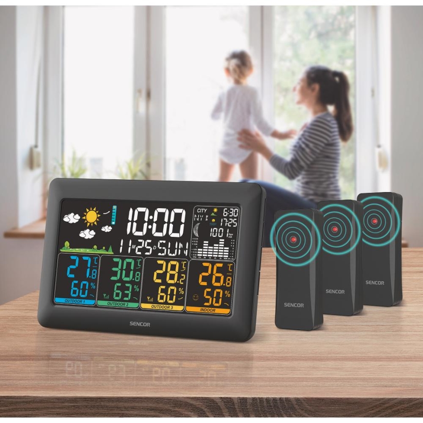 Sencor - Μετεωρολογικός σταθμός με έγχρωμη οθόνη LCD + 3 αισθητήρες 3xAA + 6xAA μαύρο