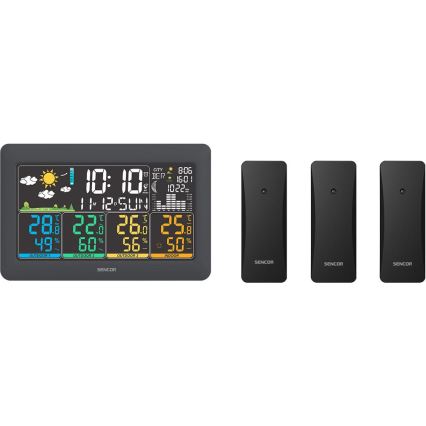 Sencor - Μετεωρολογικός σταθμός με έγχρωμη οθόνη LCD + 3 αισθητήρες 3xAA + 6xAA μαύρο