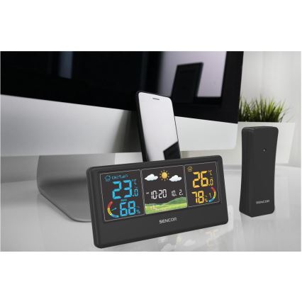 Sencor - Μετεωρολογικός σταθμός με έγχρωμη οθόνη LCD, 3xAAA + 2xAA, μαύρο