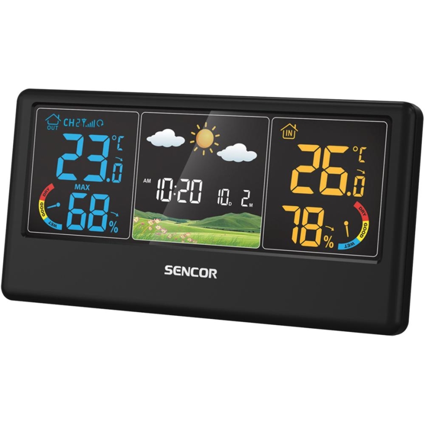 Sencor - Μετεωρολογικός σταθμός με έγχρωμη οθόνη LCD, 3xAAA + 2xAA, μαύρο