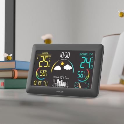 Sencor - Μετεωρολογικός σταθμός με έγχρωμη οθόνη LCD και ρολόι ξυπνητήρι 5V 3xAA + 2xAA