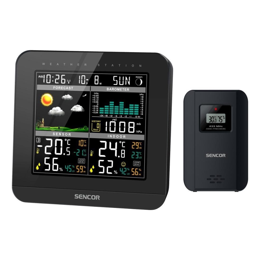 Sencor - Μετεωρολογικός σταθμός με έγχρωμη οθόνη LCD και ρολόι ξυπνητήρι 3xAAA + 2x AA μαύρο