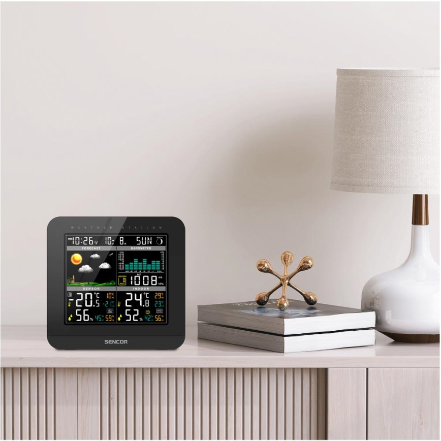 Sencor - Μετεωρολογικός σταθμός με έγχρωμη οθόνη LCD και ρολόι ξυπνητήρι 3xAAA + 2x AA μαύρο