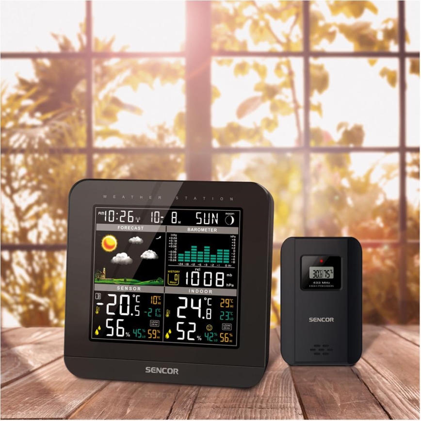 Sencor - Μετεωρολογικός σταθμός με έγχρωμη οθόνη LCD και ρολόι ξυπνητήρι 3xAAA + 2x AA μαύρο