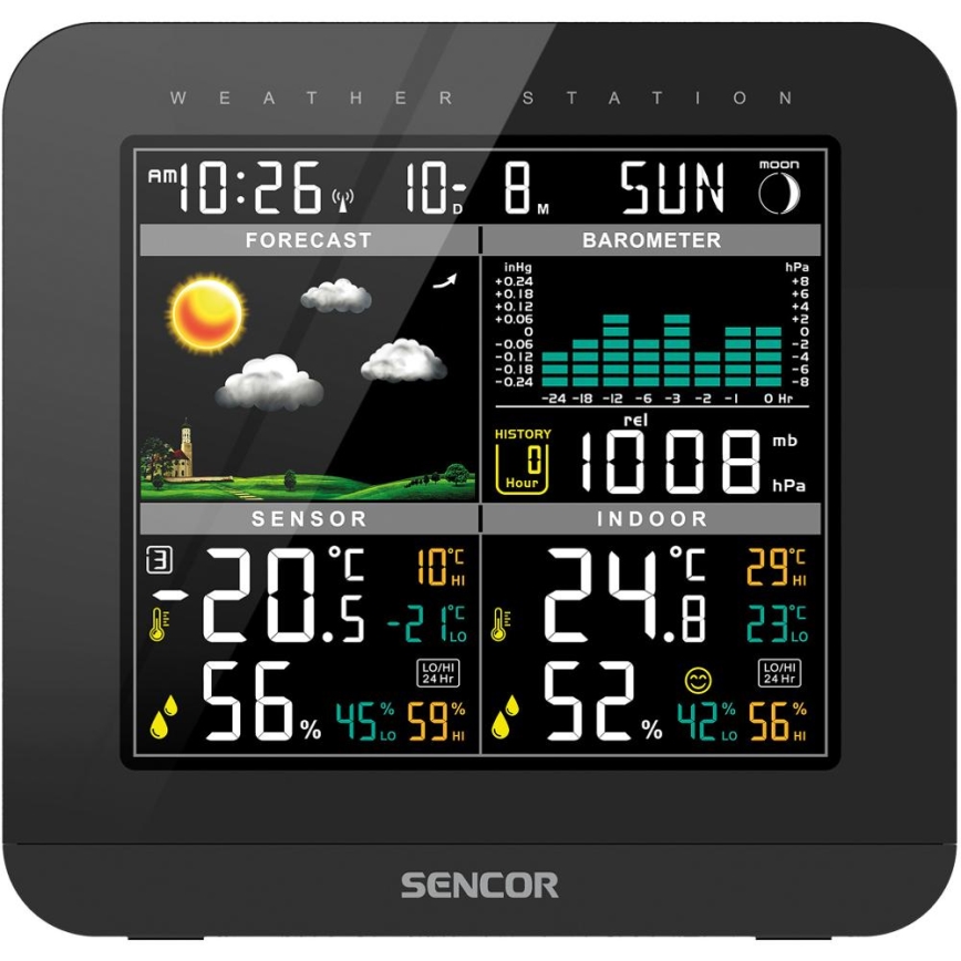 Sencor - Μετεωρολογικός σταθμός με έγχρωμη οθόνη LCD και ρολόι ξυπνητήρι 3xAAA + 2x AA μαύρο