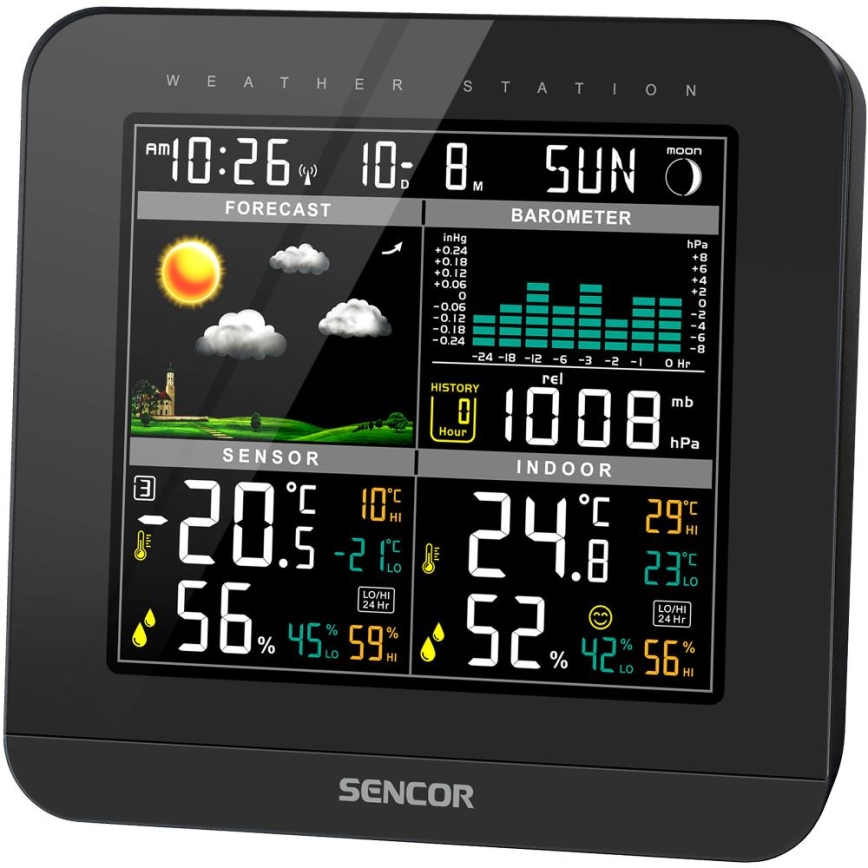 Sencor - Μετεωρολογικός σταθμός με έγχρωμη οθόνη LCD και ρολόι ξυπνητήρι 3xAAA + 2x AA μαύρο