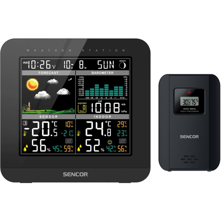 Sencor - Μετεωρολογικός σταθμός με έγχρωμη οθόνη LCD και ρολόι ξυπνητήρι 3xAAA + 2x AA μαύρο