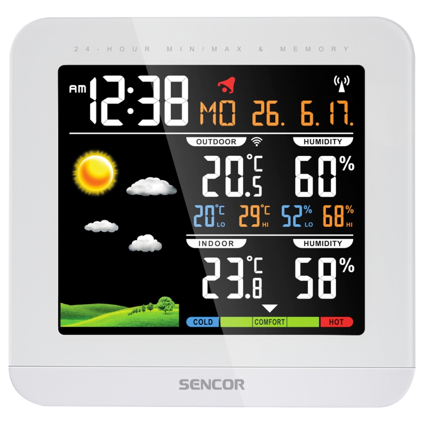 Sencor - Μετεωρολογικός σταθμός με έγχρωμη οθόνη LCD και ρολόι ξυπνητήρι 3xAAA + 2xAAA λευκό