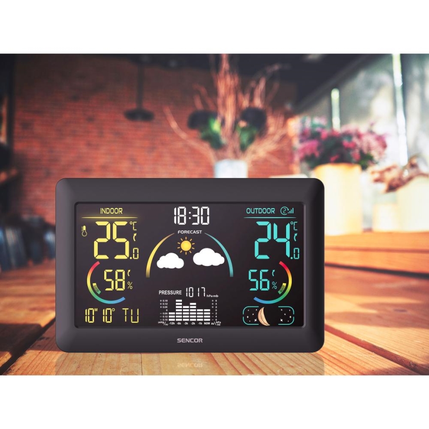 Sencor - Μετεωρολογικός σταθμός με έγχρωμη οθόνη LCD και ρολόι ξυπνητήρι 5V 3xAA + 2xAA