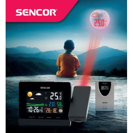 Sencor - Μετεωρολογικός σταθμός με έγχρωμη οθόνη LCD, ξυπνητήρι και προβολέα 2xAA + 2xAAA