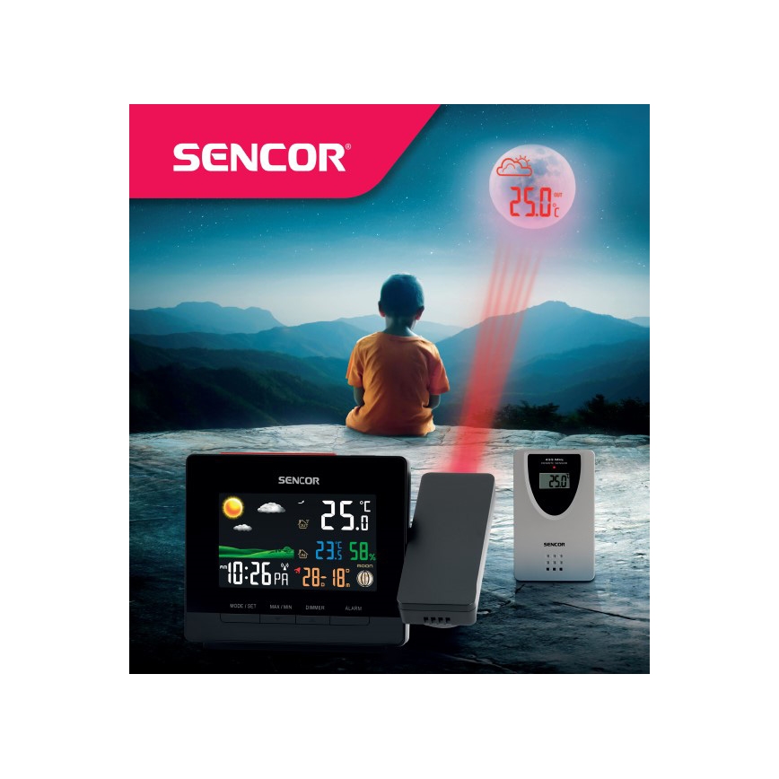 Sencor - Μετεωρολογικός σταθμός με έγχρωμη οθόνη LCD, ξυπνητήρι και προβολέα 2xAA + 2xAAA