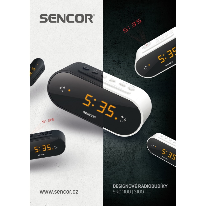 Sencor - Ραδιόφωνο-ξυπνητήρι με οθόνη LED και προβολέα 5W/230V 1xCR2032 λευκό