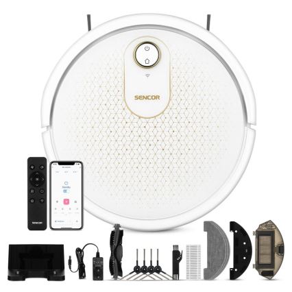 Sencor - Σκούπα ρομπότ με ένα mop 2σε1 28W/2600 mAh Wi-Fi λευκό + τηλεχειριστήριο