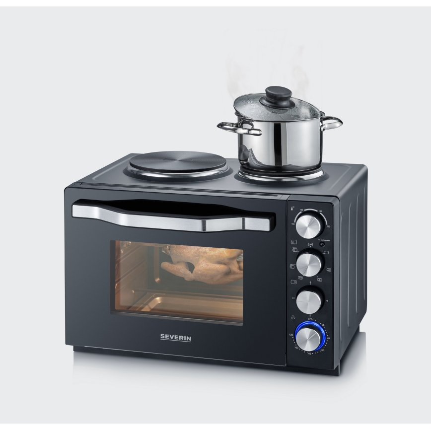 Severin TO 2074 - Φούρνος θερμού αέρα με γκριλ και εστίες 2500W/230V 30 l μαύρος