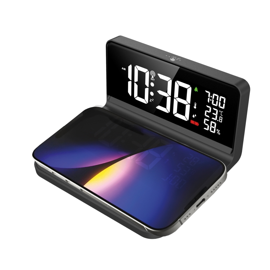 LED Ρολόι ξυπνητήρι με οθόνη LCD και ασύρματη φόρτιση Qi LED/10W/230V