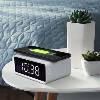 Ψηφιακό ρολόι με ασύρματη φόρτιση Qi, 230V/CR2032, λευκό