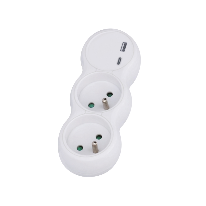 Solight P100USBC - Πολύπριζο με ένα φορτιστή USB A+C 2x10A λευκό