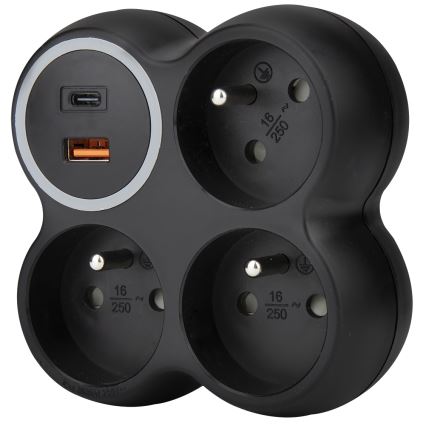 Πολύπριζο 3x 15A με θύρες USB A και C, μαύρο