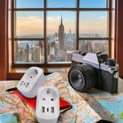 Ταξιδιωτικός αντάπτορας για τις ΗΠΑ, 230V, 2x USB-A + 1x USB-C