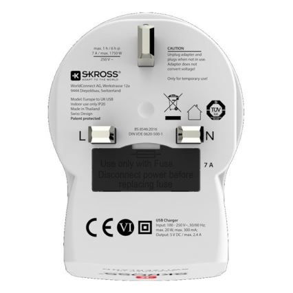 Αντάπτορας ταξιδιού για αγγλική πρίζα 230V + 2x USB θύρα
