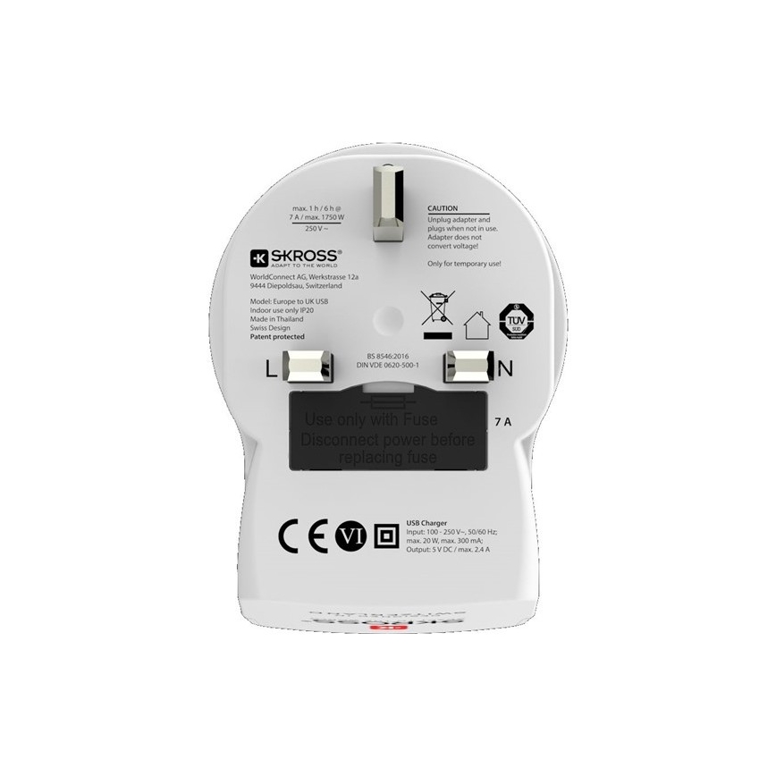 Αντάπτορας ταξιδιού για αγγλική πρίζα 230V + 2x USB θύρα