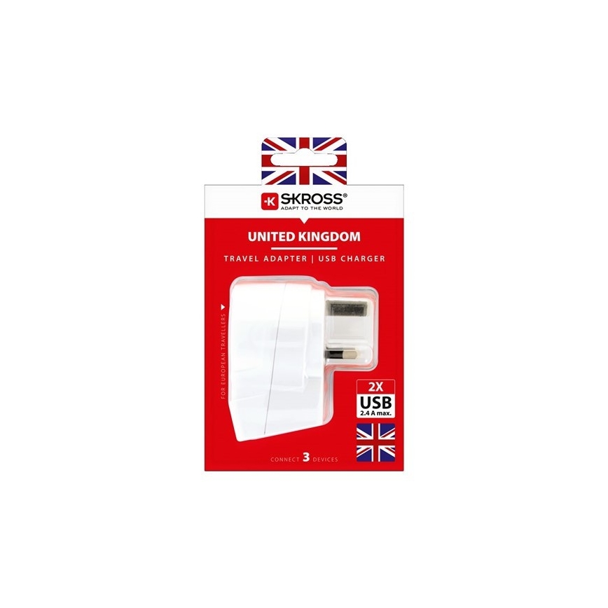 Αντάπτορας ταξιδιού για αγγλική πρίζα 230V + 2x USB θύρα