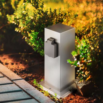 Εξωτερικός κολωνάκι πρίζας 2 θέσεων 230V IP44 ματ χρώμιο τετράγωνο