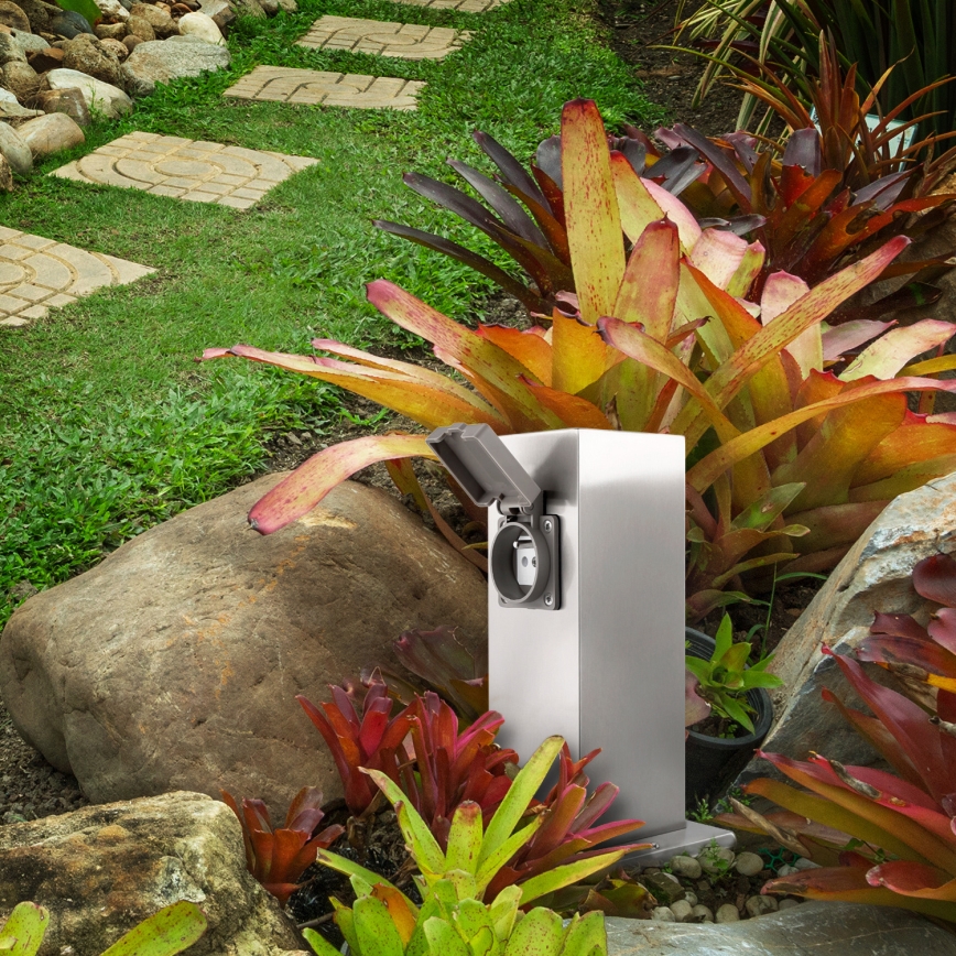 Εξωτερικός κολωνάκι πρίζας 2 θέσεων 230V IP44 ματ χρώμιο τετράγωνο