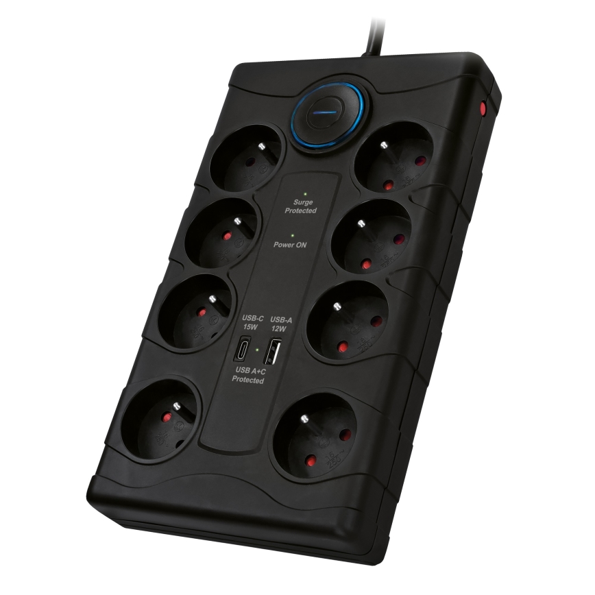 Καλώδιο επέκτασης με διακόπτη και προστασία υπέρτασης 8Z Τύπος E + 1xUSB-A + 1xUSB-C 2m μαύρο