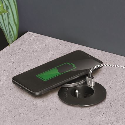 Εντοιχιζόμενη μονή πρίζα με ασύρματη φόρτιση 10W + USB A+C, μαύρη