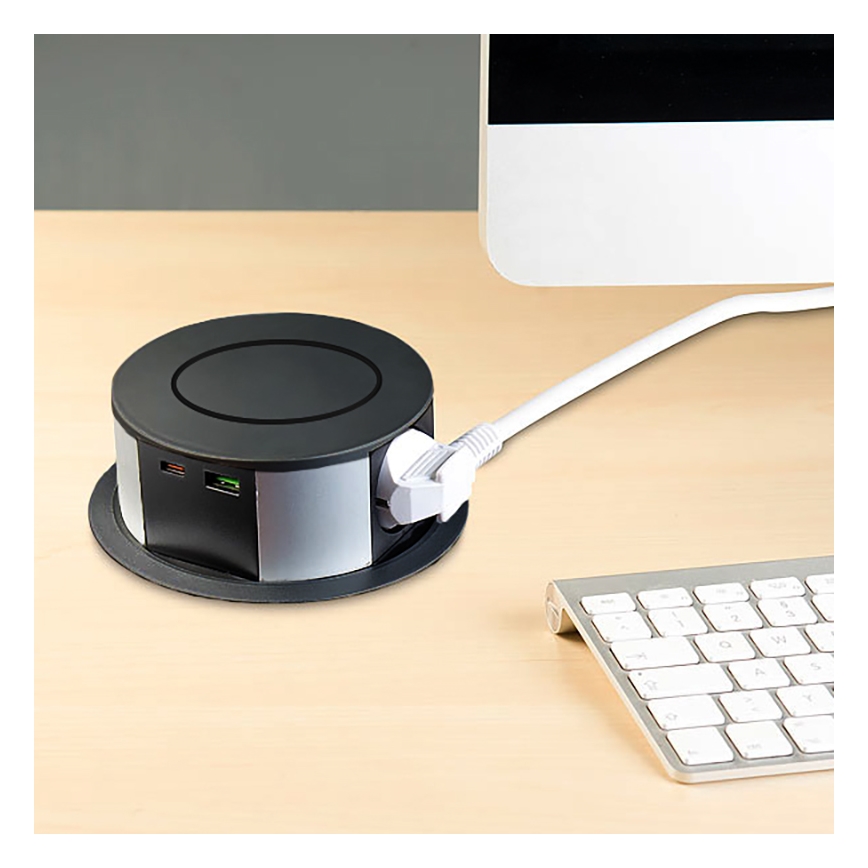 Κολόνα με πρίζες για επιφάνεια τραπεζιού με ασύρματη φόρτιση Qi 3x230V + 1xUSB-A + 1xUSB-C μαύρο/ασημί