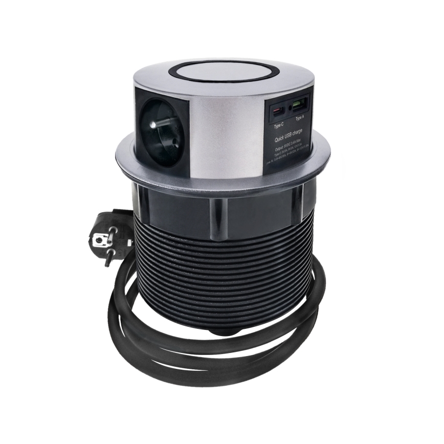 Κολόνα πρίζας για επιφάνεια τραπεζιού με ασύρματη φόρτιση Qi 3x230V + 1xUSB-A + 1xUSB-C ασημί/μαύρο