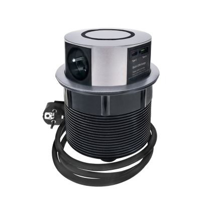 Πολύπριζο γραφείου με Qi ασύρματη φόρτιση 3x230V + 1xUSB-A + 1xUSB-C ασημί/μαύρο