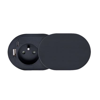Εντοιχιζόμενη πρίζα με συρόμενο κάλυμμα, 20W, 1 υποδοχή + USB A+C, μαύρο
