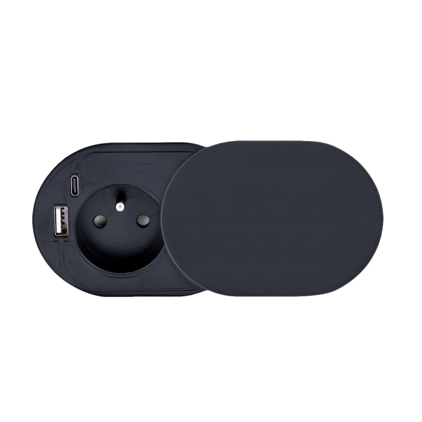 Εντοιχιζόμενη πρίζα με συρόμενο κάλυμμα, 20W, 1 υποδοχή + USB A+C, μαύρο