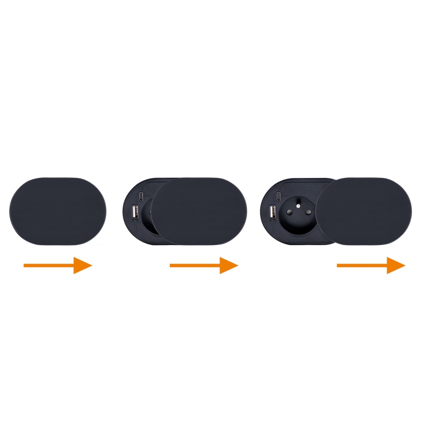 Εντοιχιζόμενη πρίζα με συρόμενο κάλυμμα, 20W, 1 υποδοχή + USB A+C, μαύρο