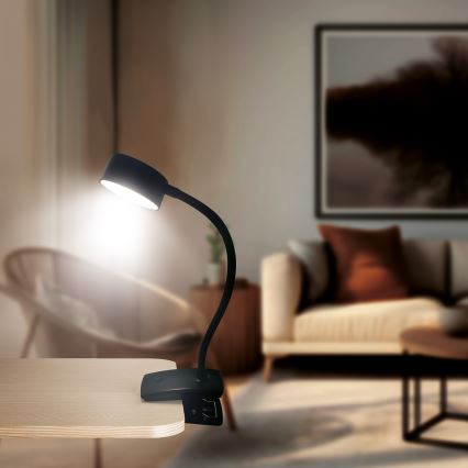 LED Ρυθμιζόμενος ευέλικτος επαναφορτιζόμενος επιτραπέζιος φωτισμός με κλιπ LED/2W/1800 mAh 3000/4000/6500K μαύρο