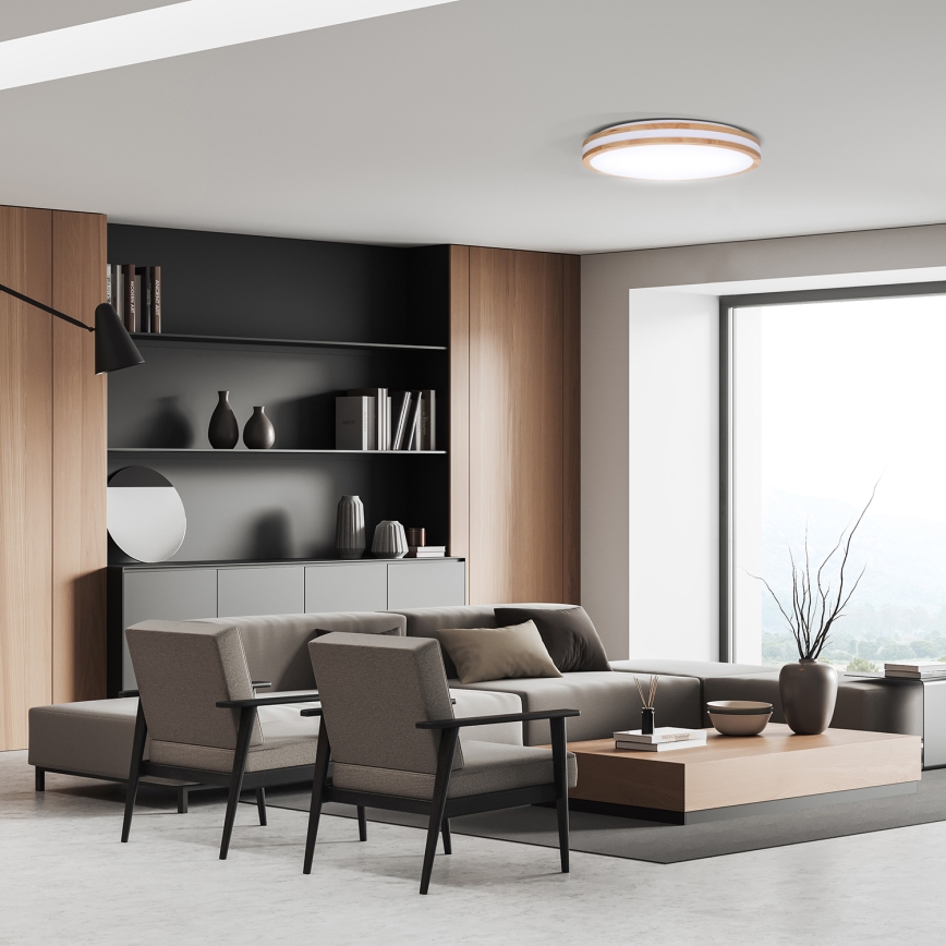 LED Dimmable φωτιστικό οροφής WOODY LED/48W/230V 3000-6500K δρυς διάμετρος 38 cm + τηλεχειριστήριο