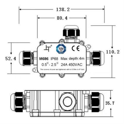 Αδιάβροχο κουτί συνδέσεων 24A/450V AC IP68