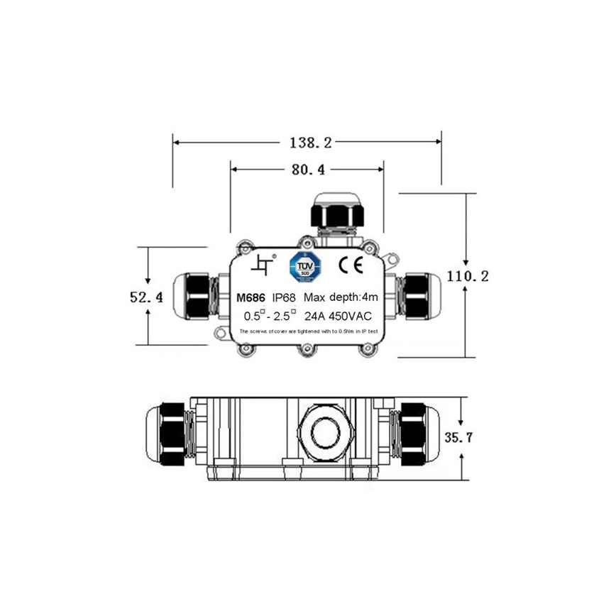 Αδιάβροχο κουτί συνδέσεων 24A/450V AC IP68