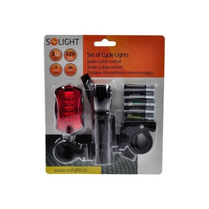 Σετ φώτα ποδηλάτου - εμπρόσθιο LED 3W + οπίσθιο 5xLED, 2xβάσεις, 2x+3xAAA μπαταρίες IP44