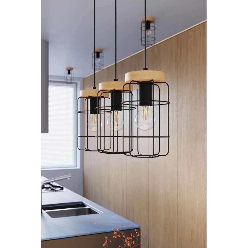 Κρεμαστό φωτιστικό οροφής GOTTO 3xE27/15W/230V μαύρο/οξιά