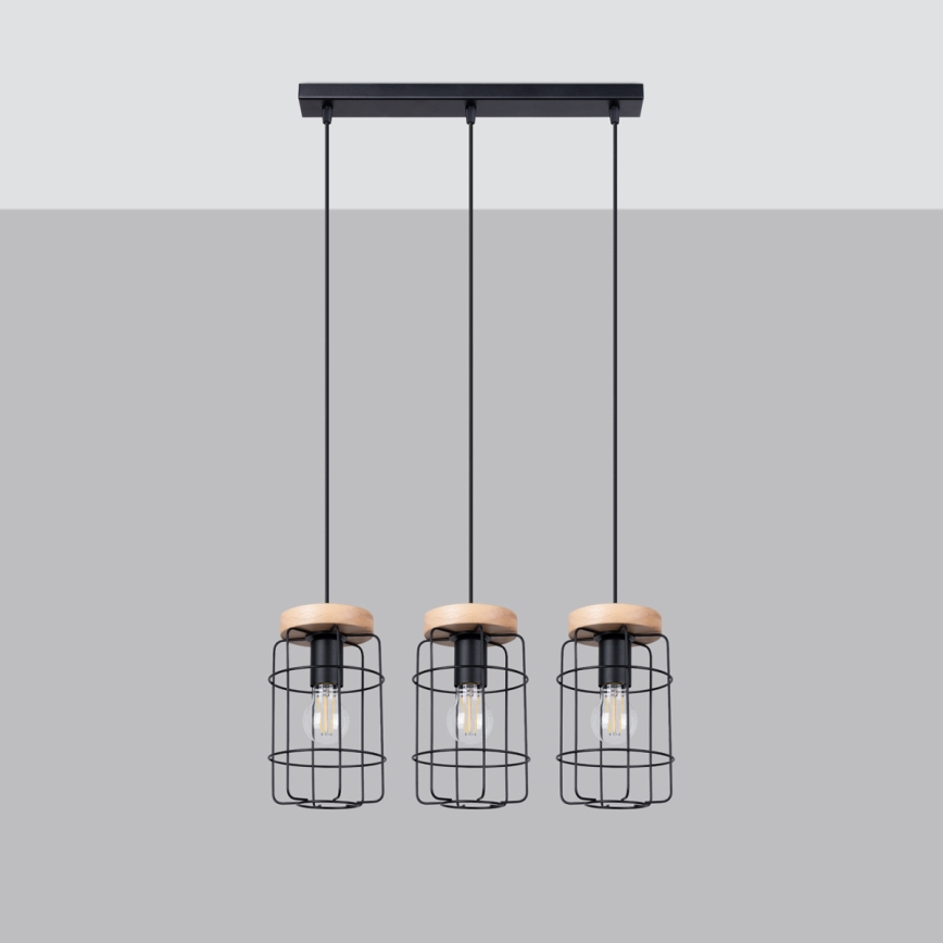Κρεμαστό φωτιστικό οροφής GOTTO 3xE27/15W/230V μαύρο/οξιά