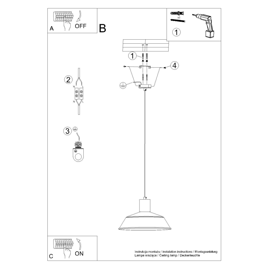Πολύφωτο με συρματόσχοινο FANO 1xE27/15W/230V διάμετρος 34 cm μαύρο