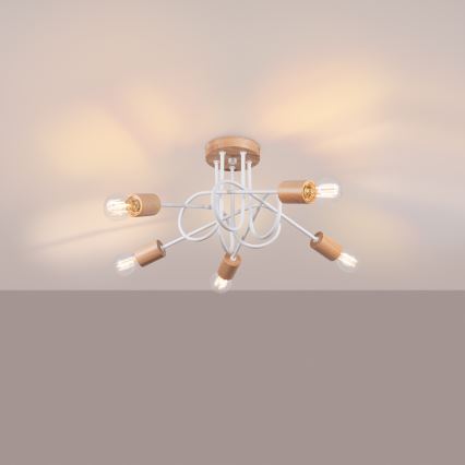 Πλαφονιέρα οροφής EMBER 5xE27/15W/230V λευκό/μπεζ/οξιά