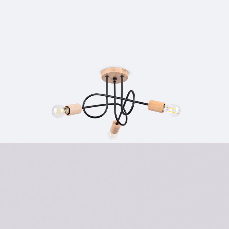 Πλαφονιέρα οροφής EMBER 3xE27/15W/230V μαύρο/μπεζ/οξιά