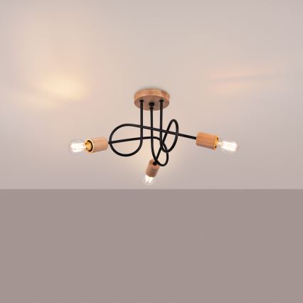 Πλαφονιέρα οροφής EMBER 3xE27/15W/230V μαύρο/μπεζ/οξιά